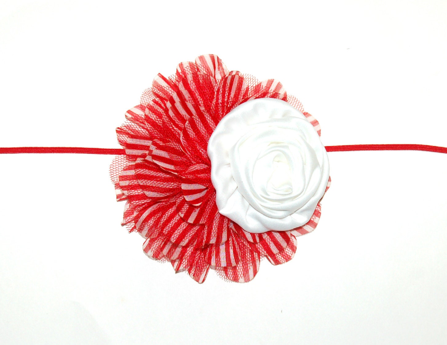 VALENTINES - XL Chiffon Flower in Red & White Stripes with a White Satin Rosette on Skinny Elastic - Christmas Holidays Stockings