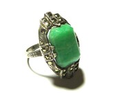 Art Deco Rare Marcasite/ Green Chalcedony Gemstone Cocktail 'Pinkie' Ring