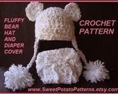 Instant Download PDF Baby Crochet Pattern - Fluffy Baby Bear Hat and Diaper Cover  SPP-36  4 sizes, preemie to 1 year.