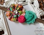 Teal and Raspberry Glam Trio Headband.  Shabby Chiffon, Ribbon Flower, Rosette Elastic Headband. Newborn to Adult.