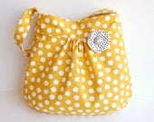 FREE Matching Pin - Gathered Hobo Purse - Mustard Yellow Polka Dot - MADE to ORDER - Adjustable Strap Option Available