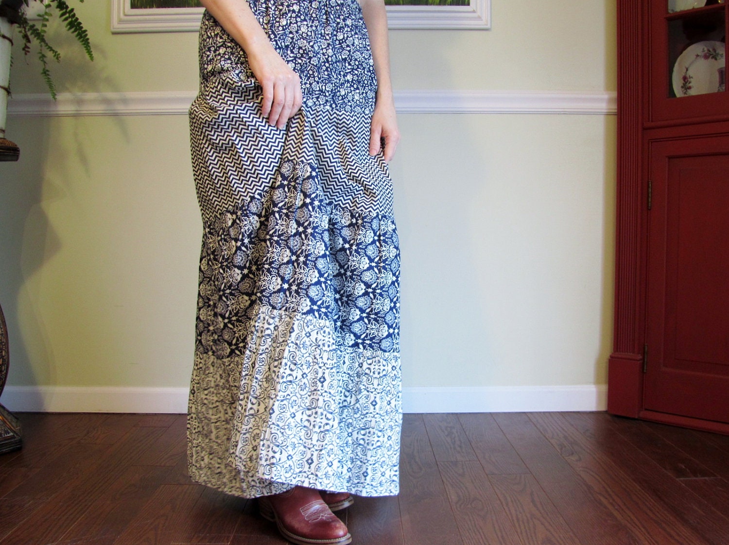 Maxi Skirt Navy 4-tiered Long Peasant Prairie Style in Ivory XXS, XS, S, M, L, Petite, Tall Kamiann