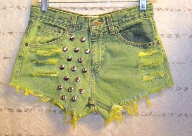 LOW Rise Sunshine Yellow Hand Dyed Studded  Shorts -  Sz S