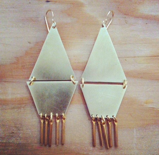 Geometric Fringe Earrings Brass Metal With Gold Filled Ear Tassel