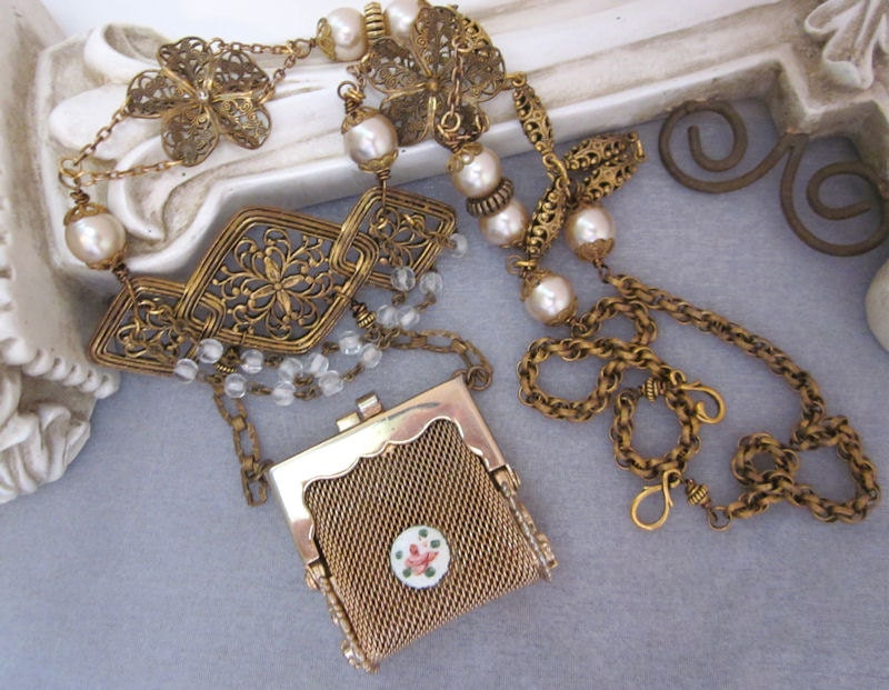 Found Object Purse Necklace, Repurposed Statement Necklace, Long Chain Pearls Assemblage Jewelry One of a Kind - JryenDesigns