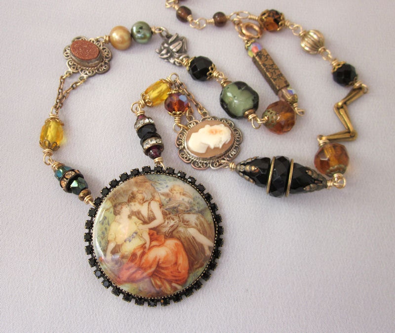 Repurposed Vintage Rhinestone Necklace, Cameo, Goldstone, Black, Green, Amber Bead Necklace, Gold Filled Artisian OOAK Assemblage Jewelry