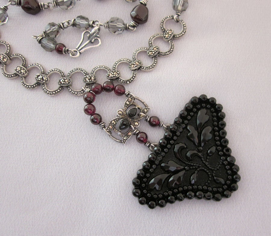 Victorian Repurposed Black Glass Buckle Necklace, Garnet Necklace, Sterling Silver Assemblage Jewelry, Gray, OOAK Handmade by JryenDesigns