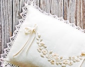Romantic Wedding Ring Pillow Linen Hand embroidered flowers