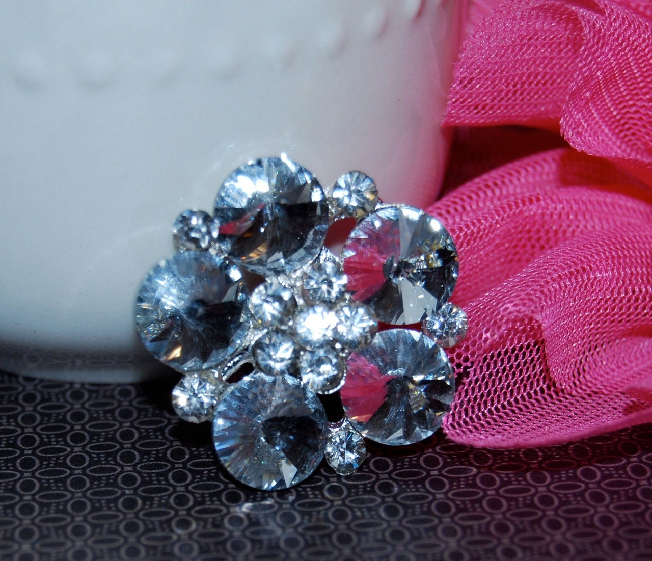 3 pcs - Crystal Flower center brooch - 1" silver metal rhinestone shoe clip pin - bridal wedding bouquet cake decoration - Annabel SB06