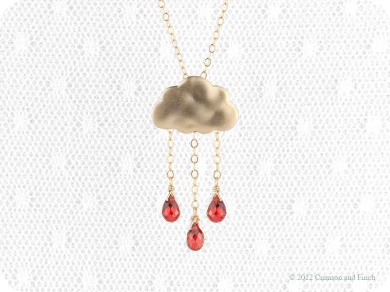 Gold Red Rain Cloud Necklace "Drops of Joy" 14kt gold filled