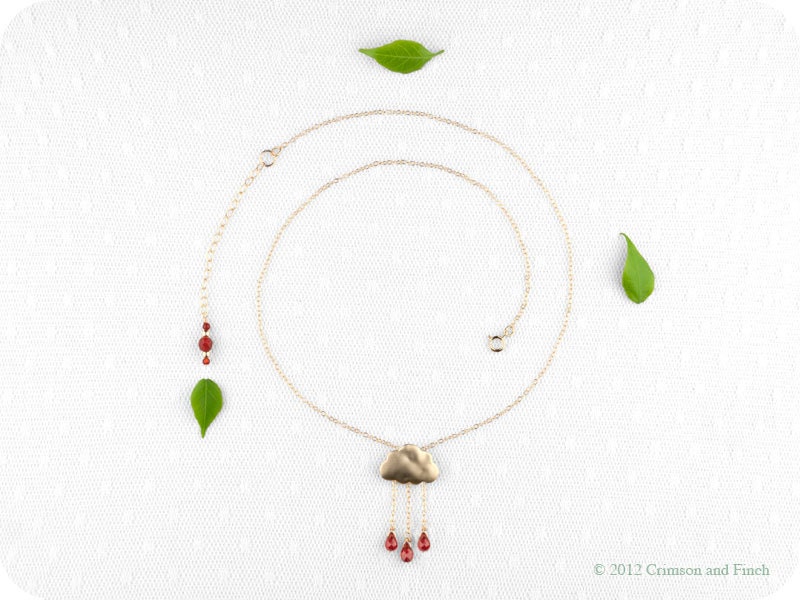 Gold Red Rain Cloud Necklace "Drops of Joy" 14kt gold filled