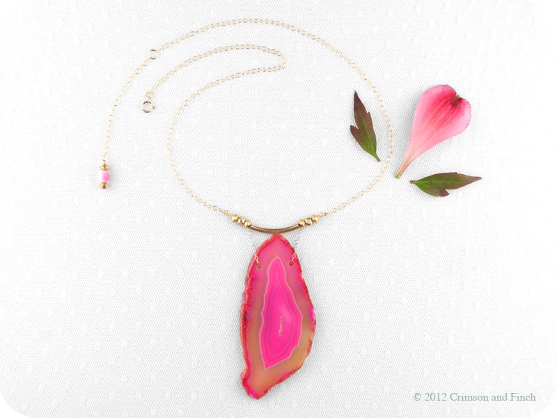 Hot pink druzy agate geode slice necklace " Pretty in Pink " neon