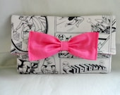 Superman Black and Grey Comic Simple Wallet or Mini Clutch with Pink Interior and Pink Bow