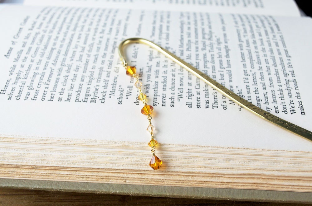 Golden Autumn Bookmark: Beaded Bookmark, Metal Bookmark, Gold Bookmark, Bead Bookmark, Swarovski Bookmark, Orange, Yellow, Topaz, Under 25