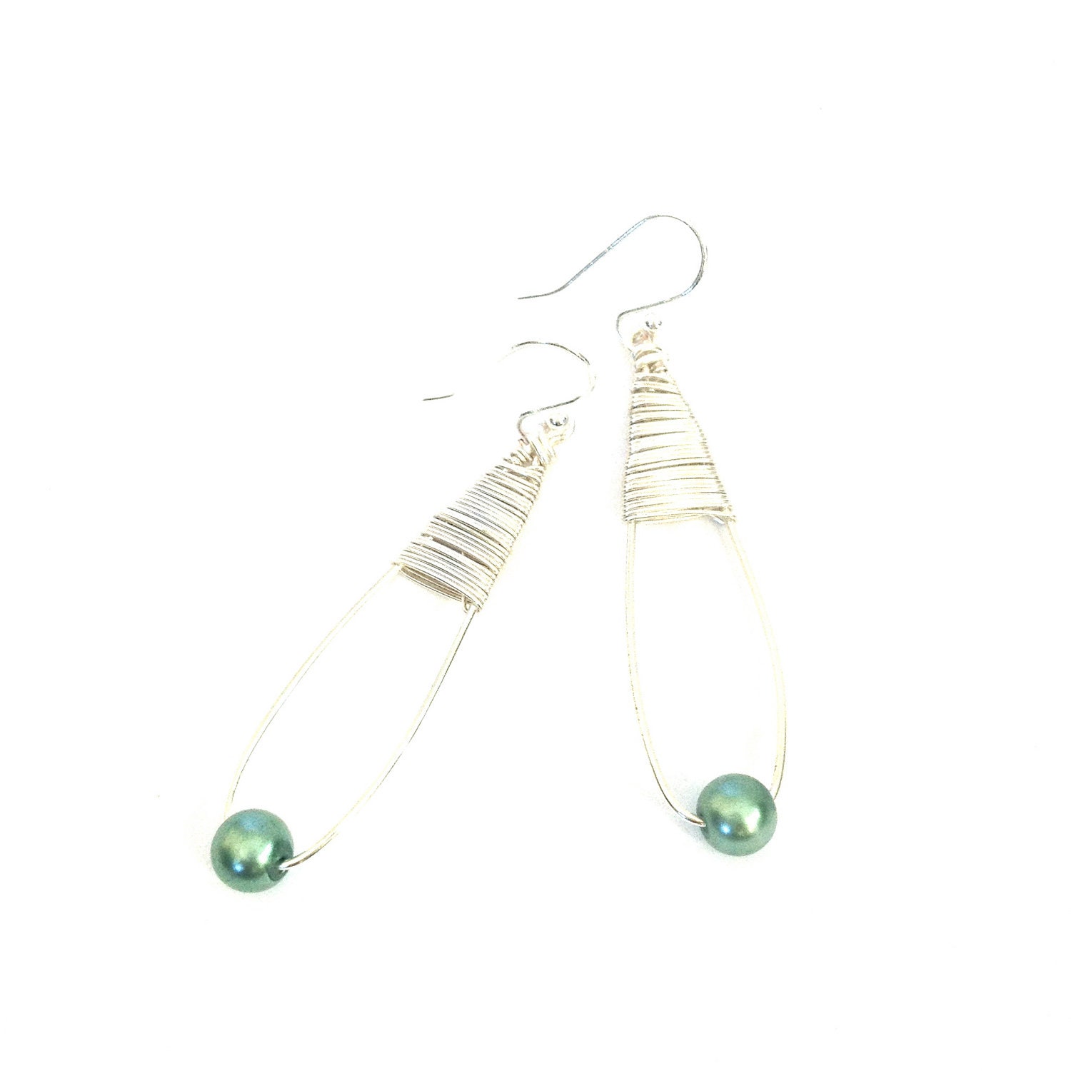 green pearly wire wrapped earring