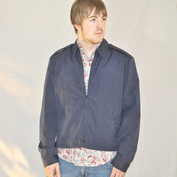 Vintage Military Jacket. 70's Men's Navy Blue Bomber Style Indie Boho Coat 42L