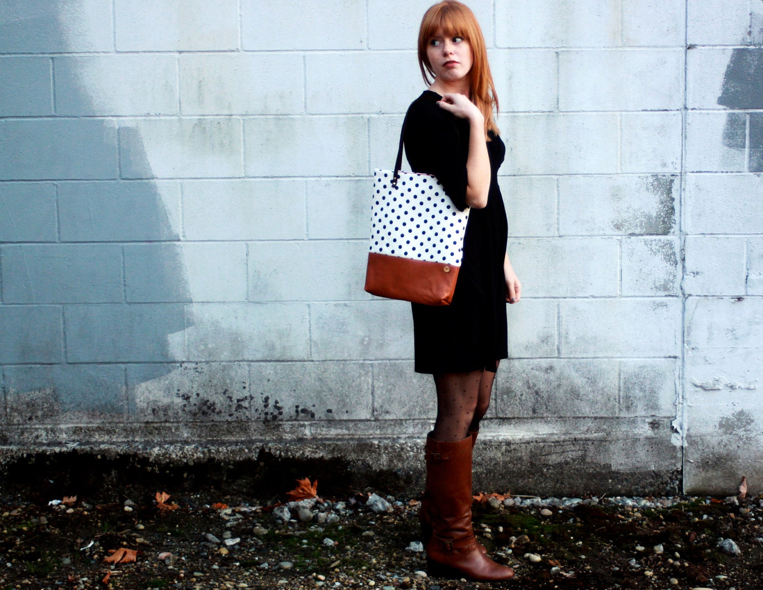 polka dot and caramel leather tote bag // white and black polka dot tote // leather tote by rouge and whimsy