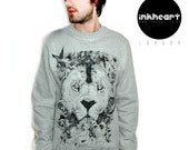 Jumper - Floral Lion- Limited Edition Original Illustration -  Heather Grey Round Neck Sweater