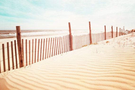Large Beach Photography - dune landscape photo fence pale beige neutral seashore pastel white cream blue wall art print - 16x24 Photograph