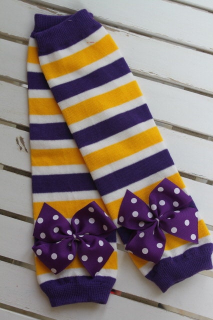 Minnesota Vikings Leg Warmers -- purple and yellow gold striped Leg Warmers -- bow leg warmers for baby girls