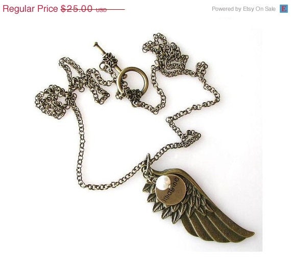 SALE angel wing necklace boho jewelry long necklace, feather necklace, word necklace, inspirational word imagine