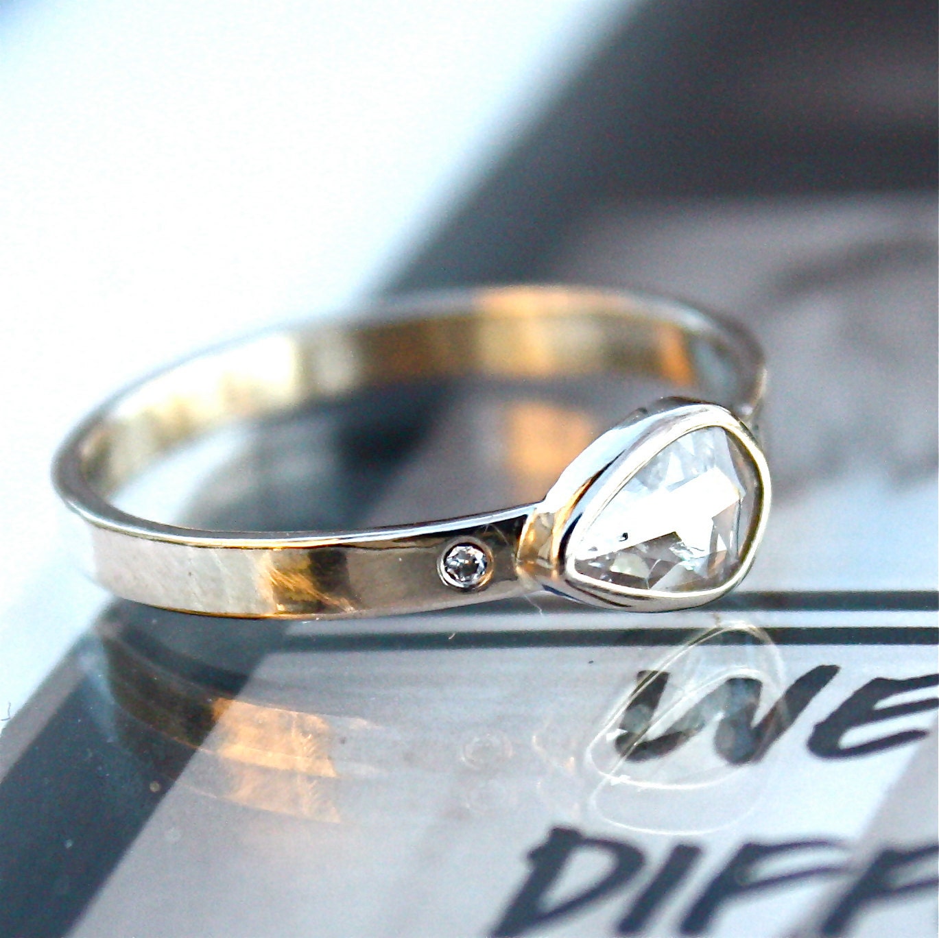 Diamond Engagement Ring - Rose Cut Diamond Slice - 18K White Gold