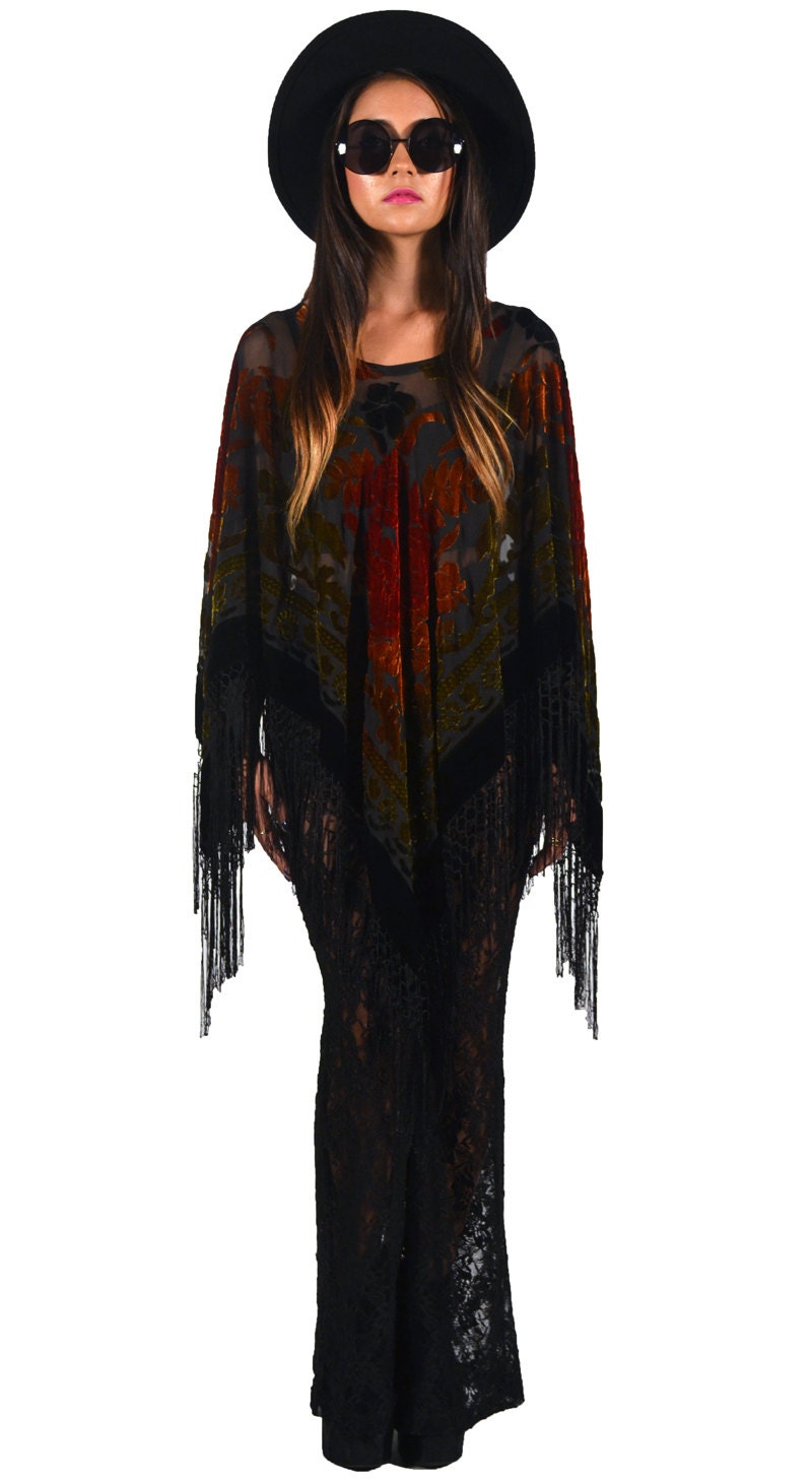 Black Multicolor Ombre Floral Brocade Velvet Burnout Gypsy Fringe Poncho