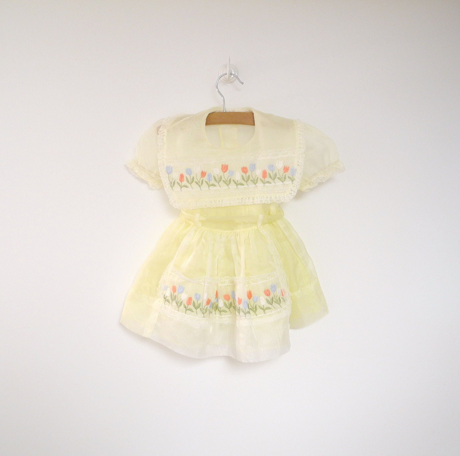 1950's Bright Yellow and White Chiffon and Organdy "Tulip" Dress