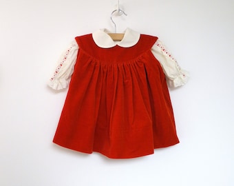 1970's Saks Fifth Avenue Red Velveteen Dress and Coordinating Cream Blouse