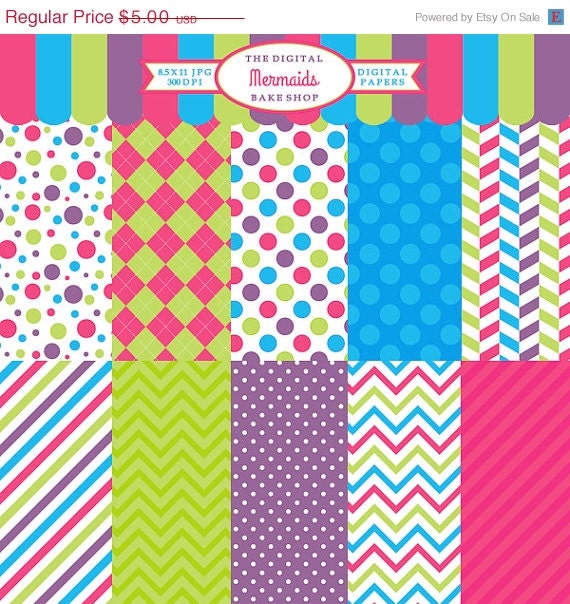 30% OFF digital papers mermaid stripes polkadots polka dots - Mermaids Digital Papers