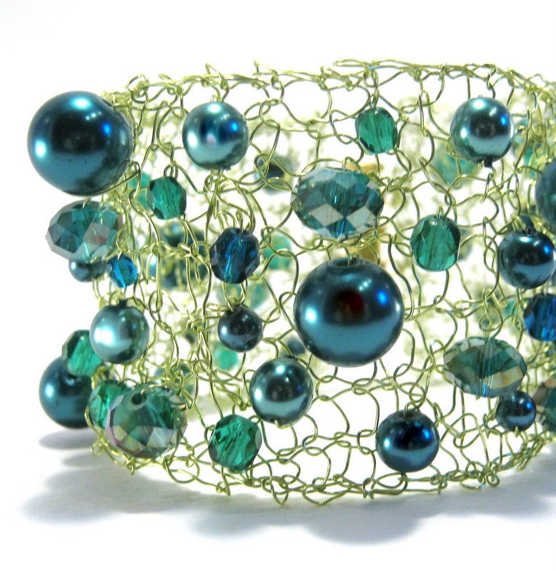 Teal Green Bracelet, Knitted Wire Bracelet, Beaded Jewelry, Teal and Emerald Greens