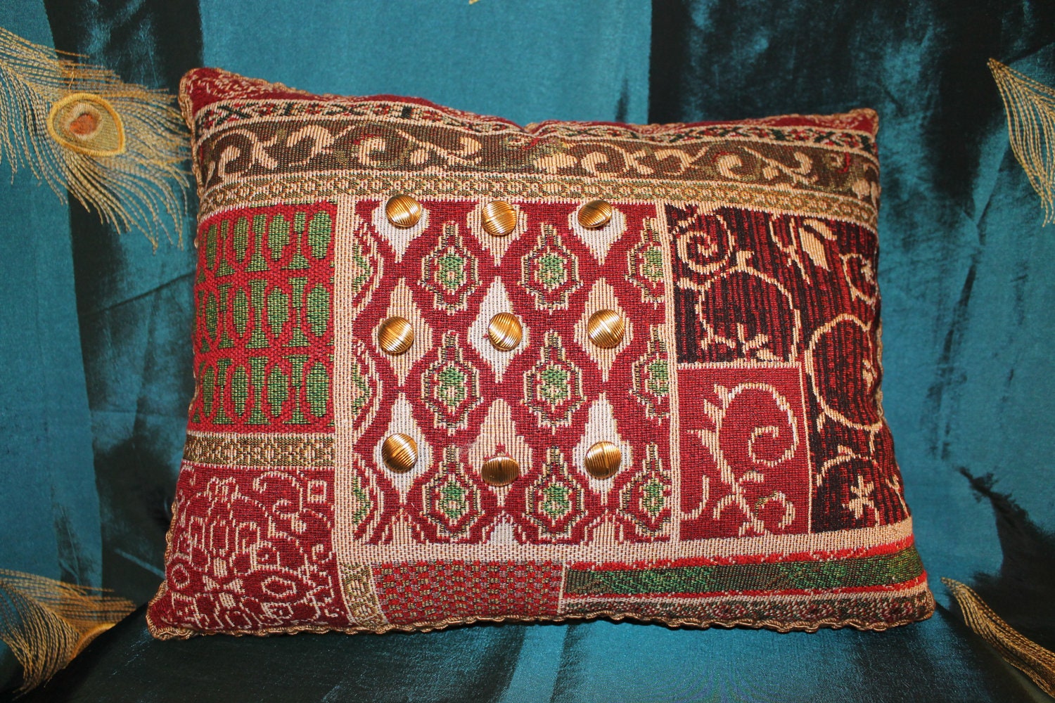 Tapestry Pillow with Gold Button Trim