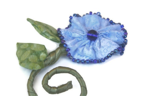 Fiber Art Pin Sculpted Fabric Flower Blue Green Vine