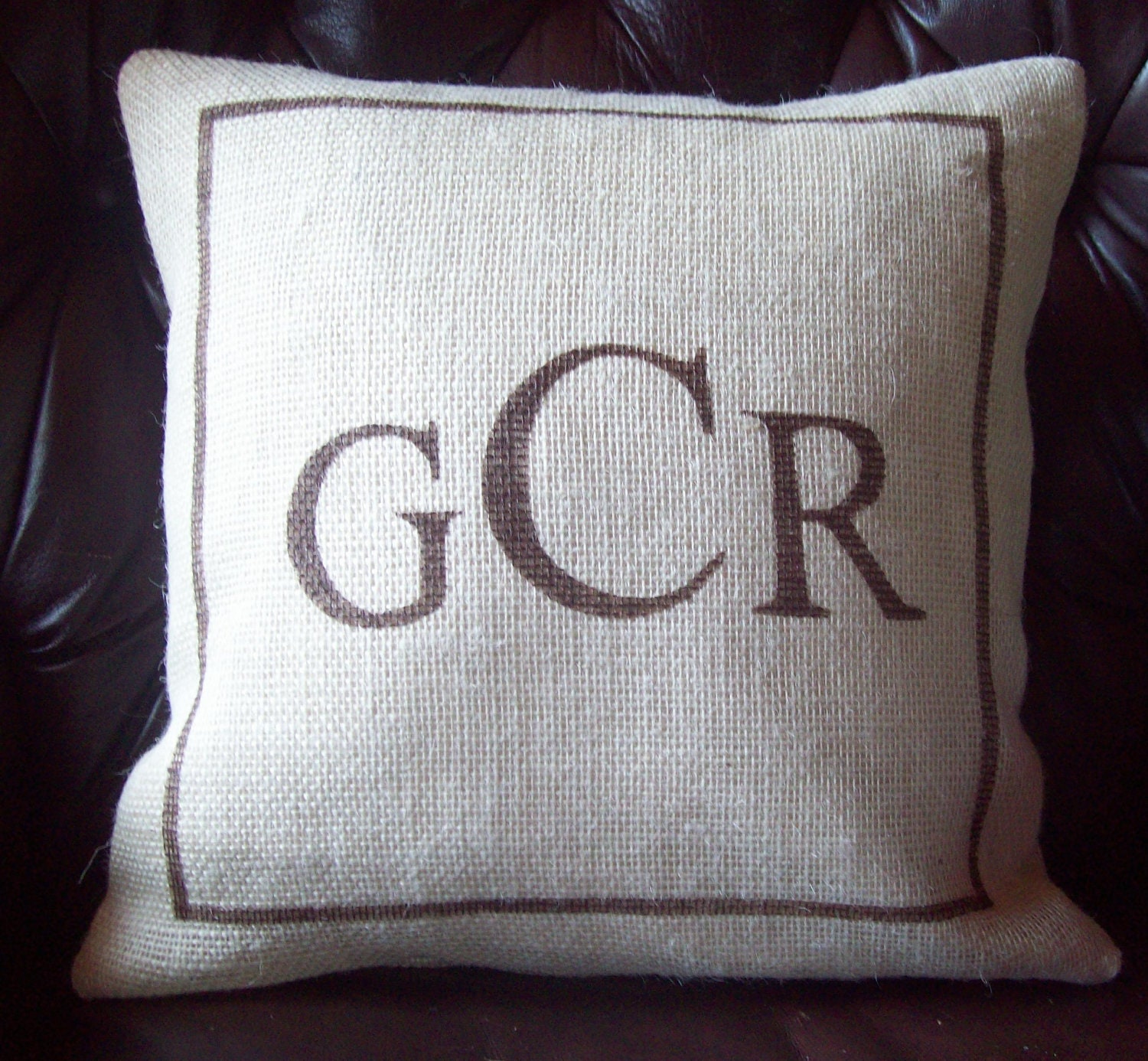 Monogram Pillow Cover with Single Stripe Border 16 x 16 - Personalized Pillow Cover - Burlap Pillow Cover - More Colors Available