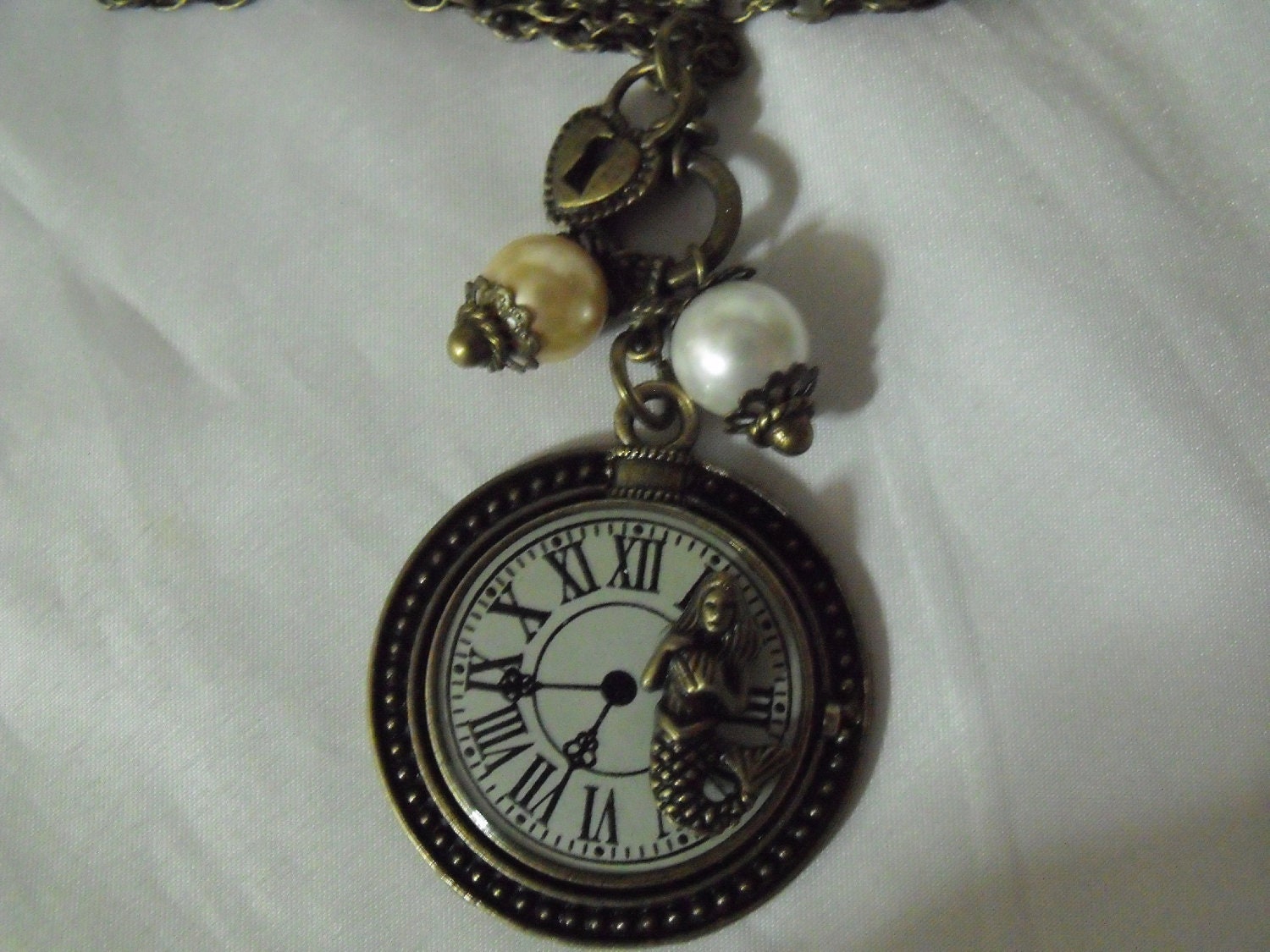 Steampunk Nautical Mermaid Clockface Pendant Necklace Pearls Womens Gift Fashion