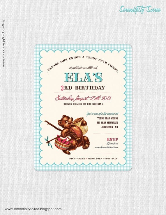 Teddy Bear Picnic (blue) - Custom Printable Invitation - Teddy Bear party, Picnic Il_570xn
