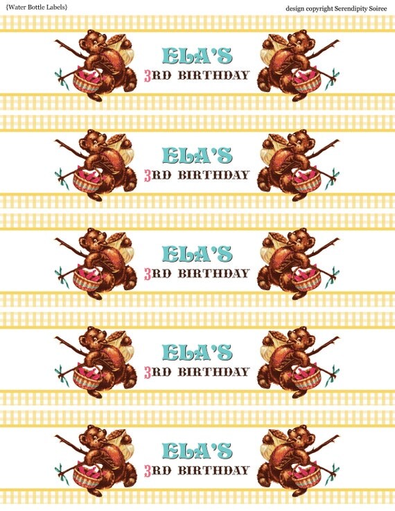 Teddy Bear Picnic (yellow) - Custom Printable Water Bottle Wrappers - Teddy Bear party, Picnic Il_570xn