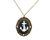 Nautical Anchor Cameo Necklace - Ivory and Navy Blue - Sailor - Maritime Jewelry - Boat - Ocean - Ship - Antique Gold Cameo Jewelry