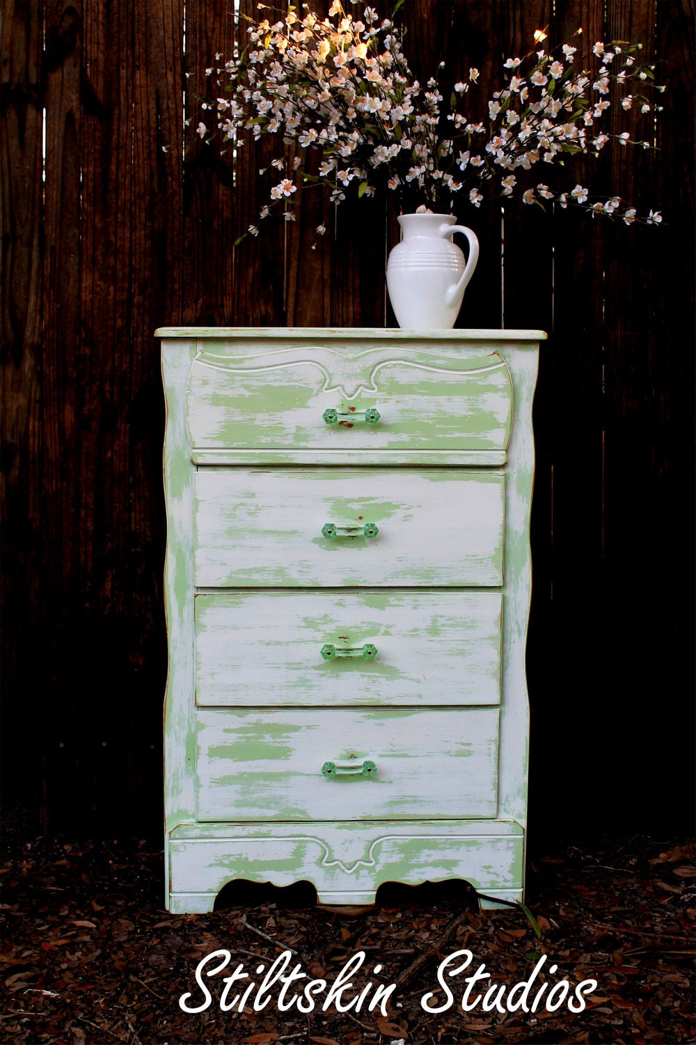 SALE Rustic Apple Green White Distressed Shabby Cottage Dresser Glass Handles