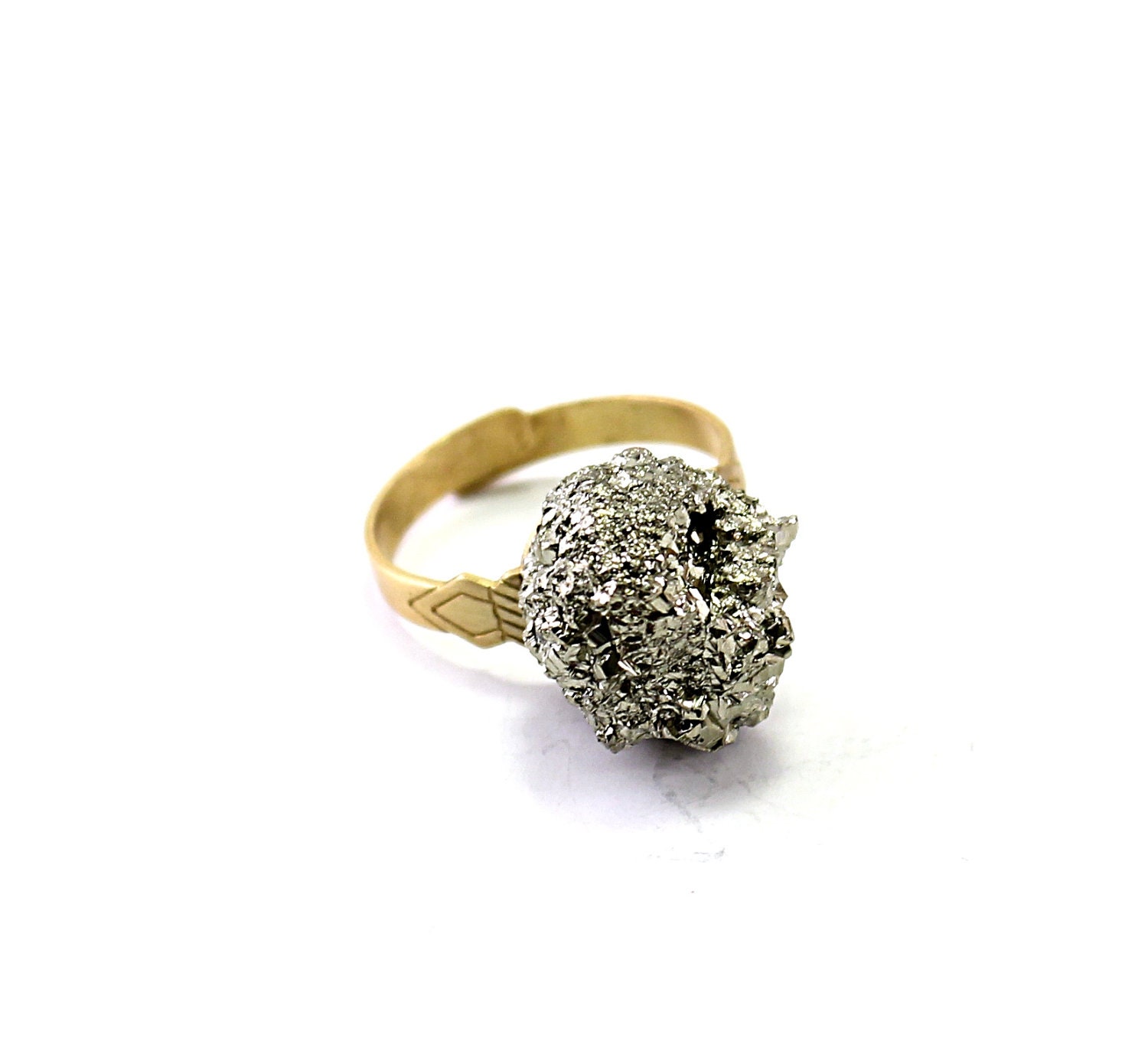 Pyrite ring: crystal ring, rough stone adjustable ring, raw natural gold brass, sparkly handmade jewelry golden