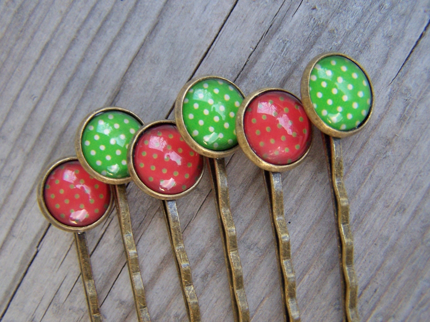 Glass Dome Hair Pins Red Green Christmas Colors - gristmilldesigns