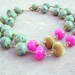 Green Statement Necklace - Chunky Green and Pink Necklace Hot Pink Jade and Ceramic, Vintage Brass OOAK