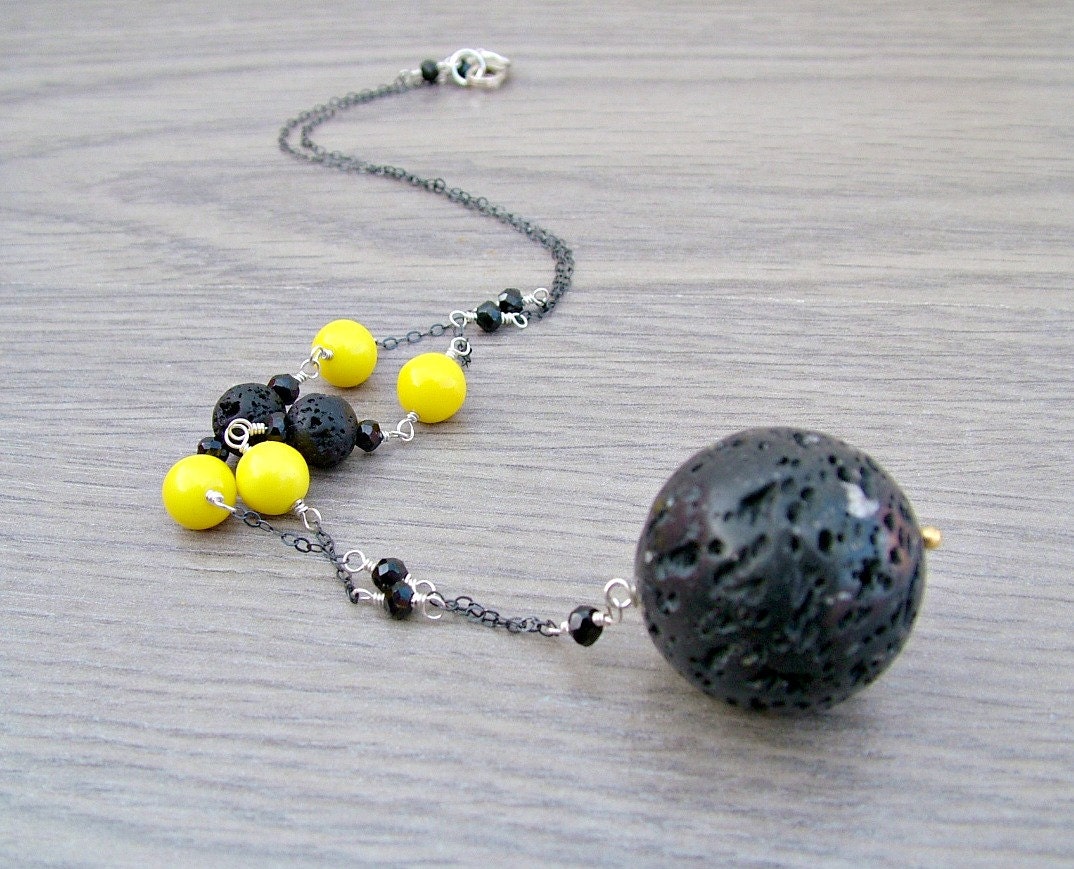 Black Lava Necklace - Black and Yellow Necklace Oxidized Sterling Silver Chain