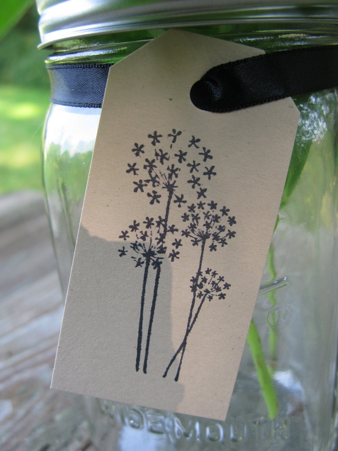 Set of 10 Dandelion Stamped  Kraft Tags with Black Ribbon