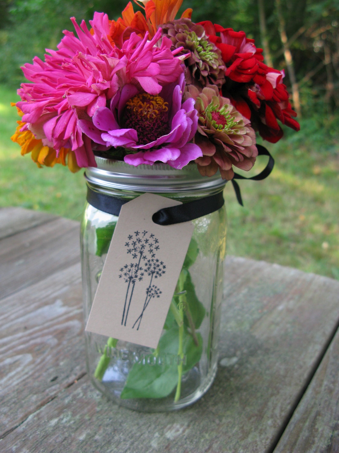Set of 10 Dandelion Stamped  Kraft Tags with Black Ribbon