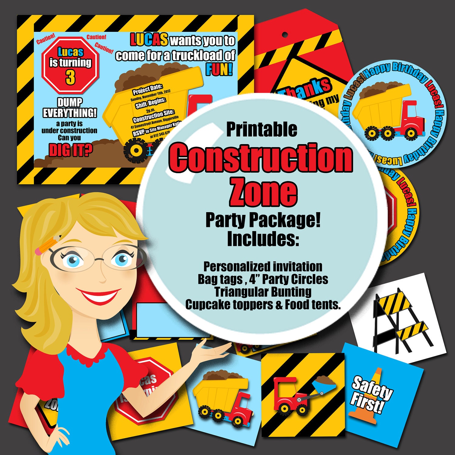 Construction Zone - printable party package - invitation, bag tag, toppers, food tents, 4 inch circles and triangular bunting. Il_570xn