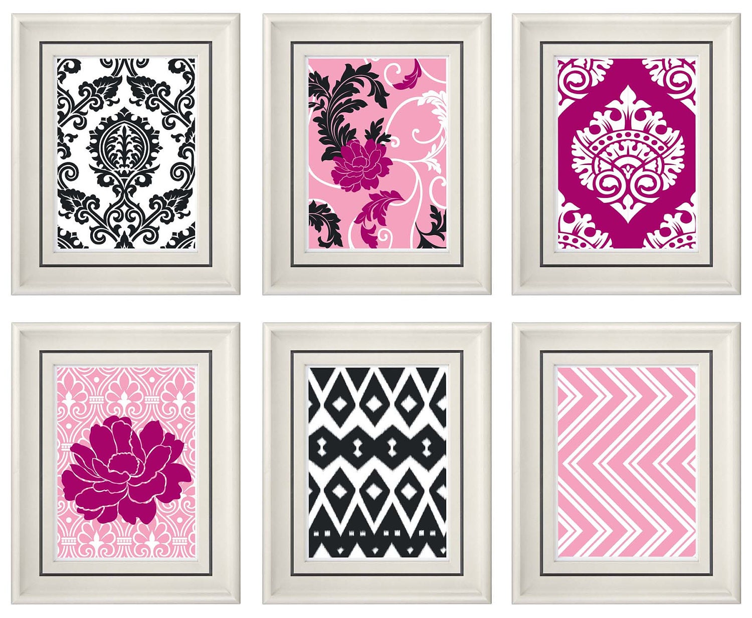 Set of Six Modern/Vintage Fuchsia/Gray Wall Art - 8x11 Print Set - Home Decor - For Home (Unframed)