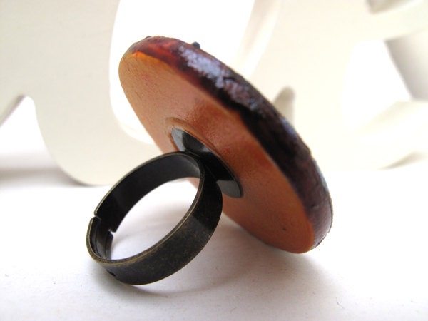 Original, handmade, colourful, abstract, wooden cocktail ring, boho, indie, bohemian ring - Mixed media jewelry by Lespetitsbuttons on Etsy