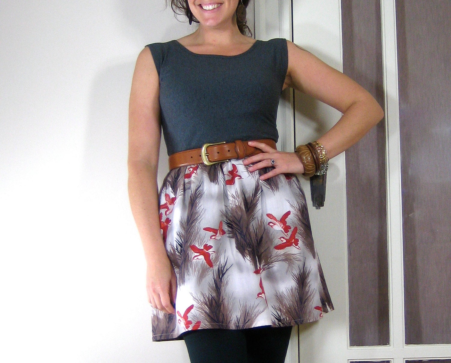 DUCKS in FLIGHT DRESS - mini dress, day dress, vintage printed fabric, layering dress, duck print, bird pattern, charcoal gray, brown, red
