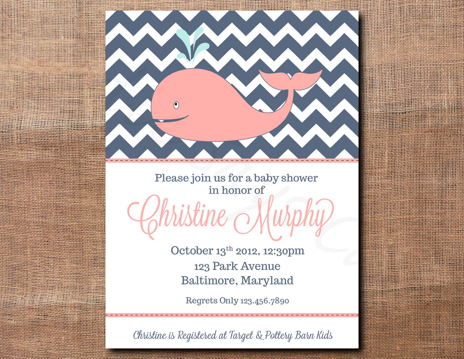 Printable Whale Baby Shower Invitations Chevron Design (birthday party, birth announcement)